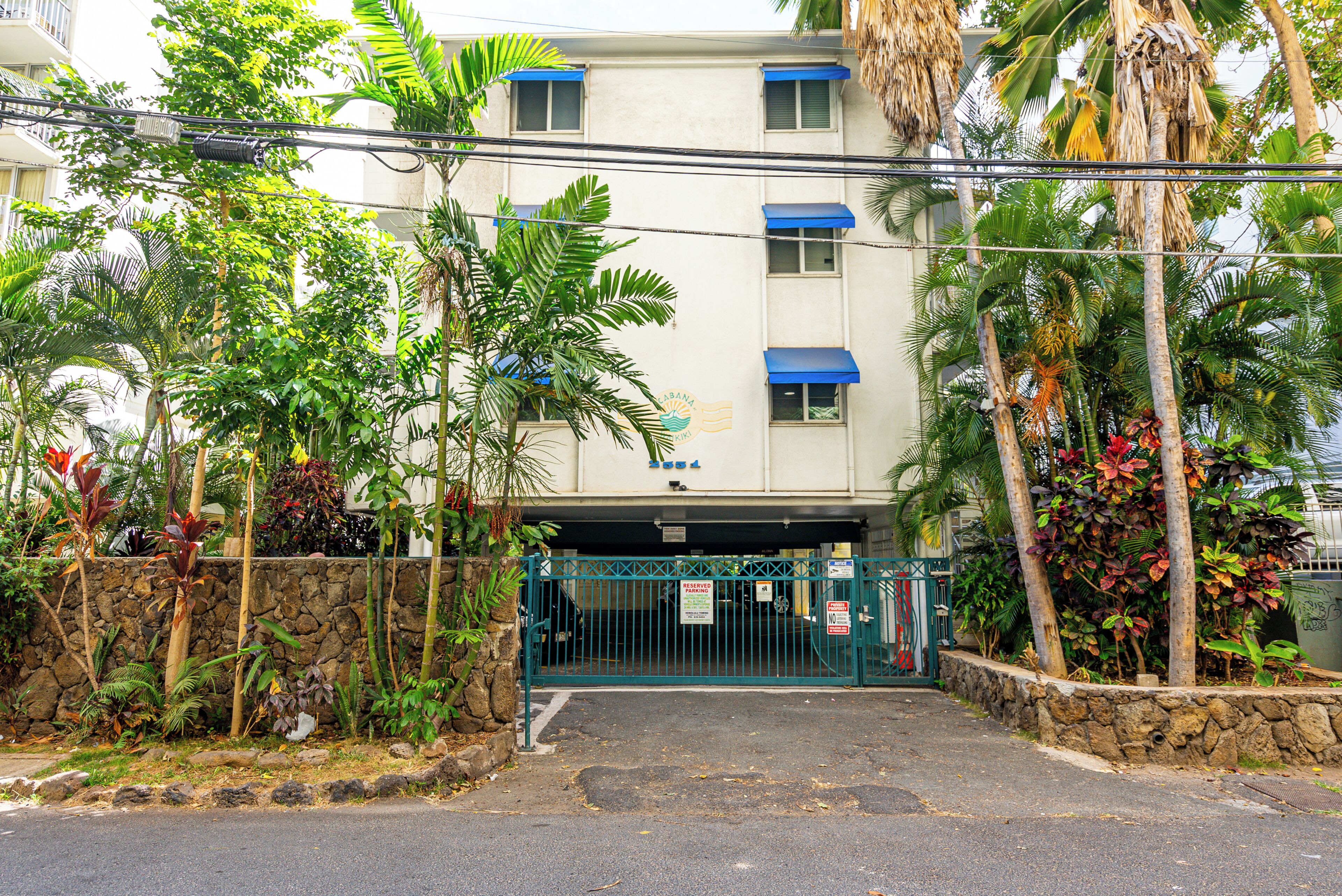Una entrada con puerta protegida a un edificio, con muro de piedra y plantas tropicales.