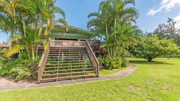 A wooden staircase leading to a building with a green roof, surrounded by lush greenery and palm trees.