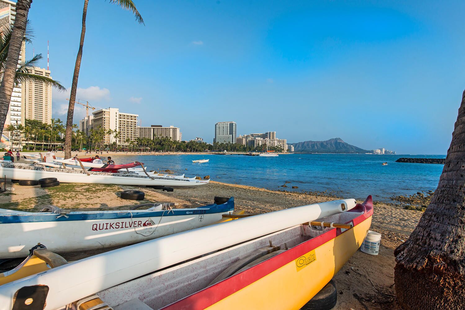 Una playa con barcos, palmeras y el perfil de una ciudad al fondo.