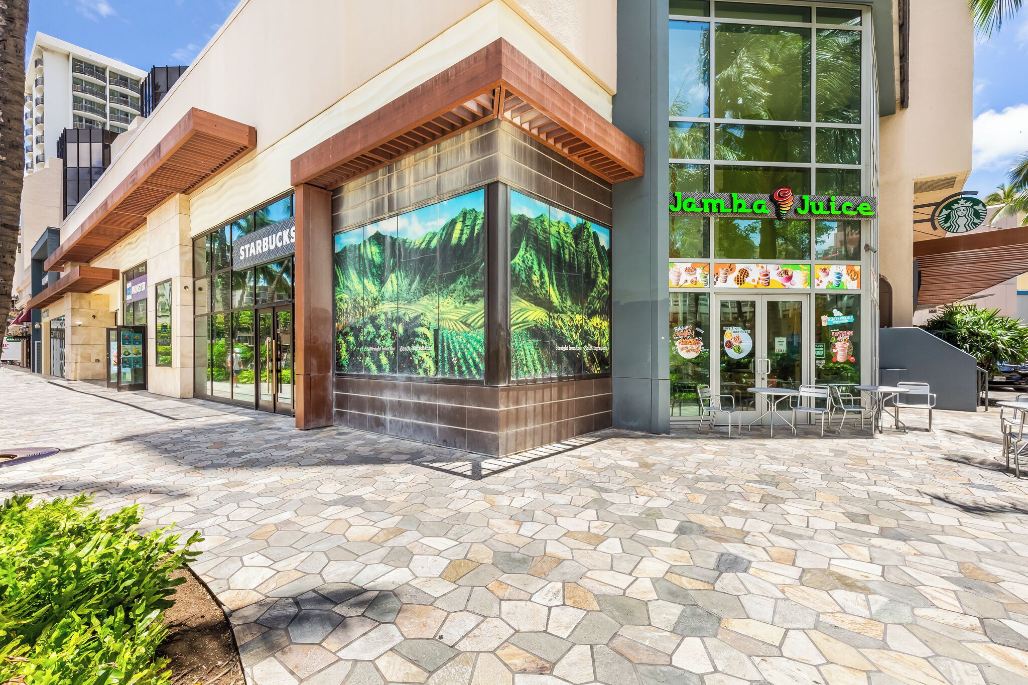 Un immeuble commercial abritant un café Starbucks et un magasin vendant des boissons énergisantes de la marque Monster.