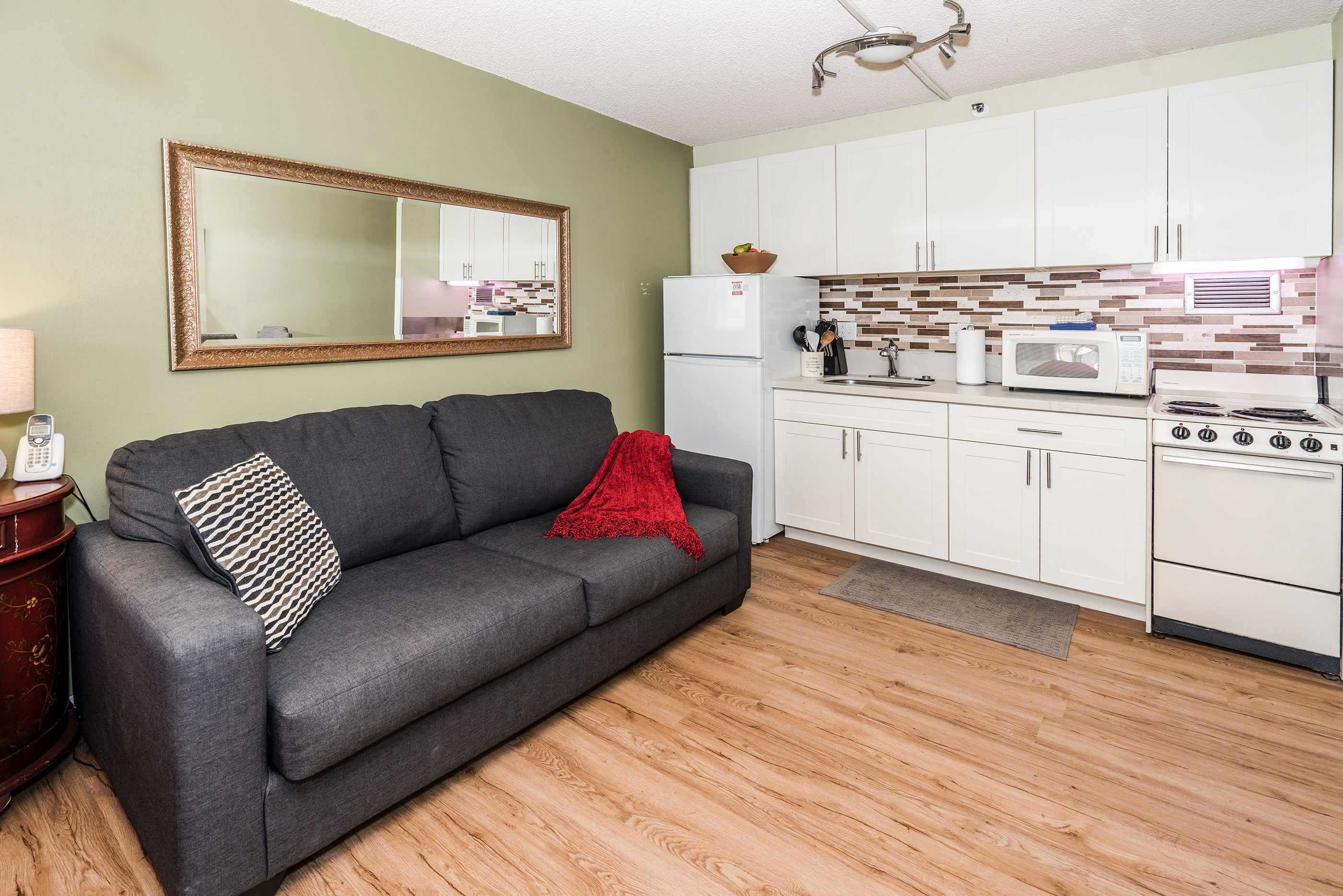 A compact living space with a grey sofa, a red throw blanket, a wooden floor, a kitchenette with white cabinets, a microwave, and a stove.