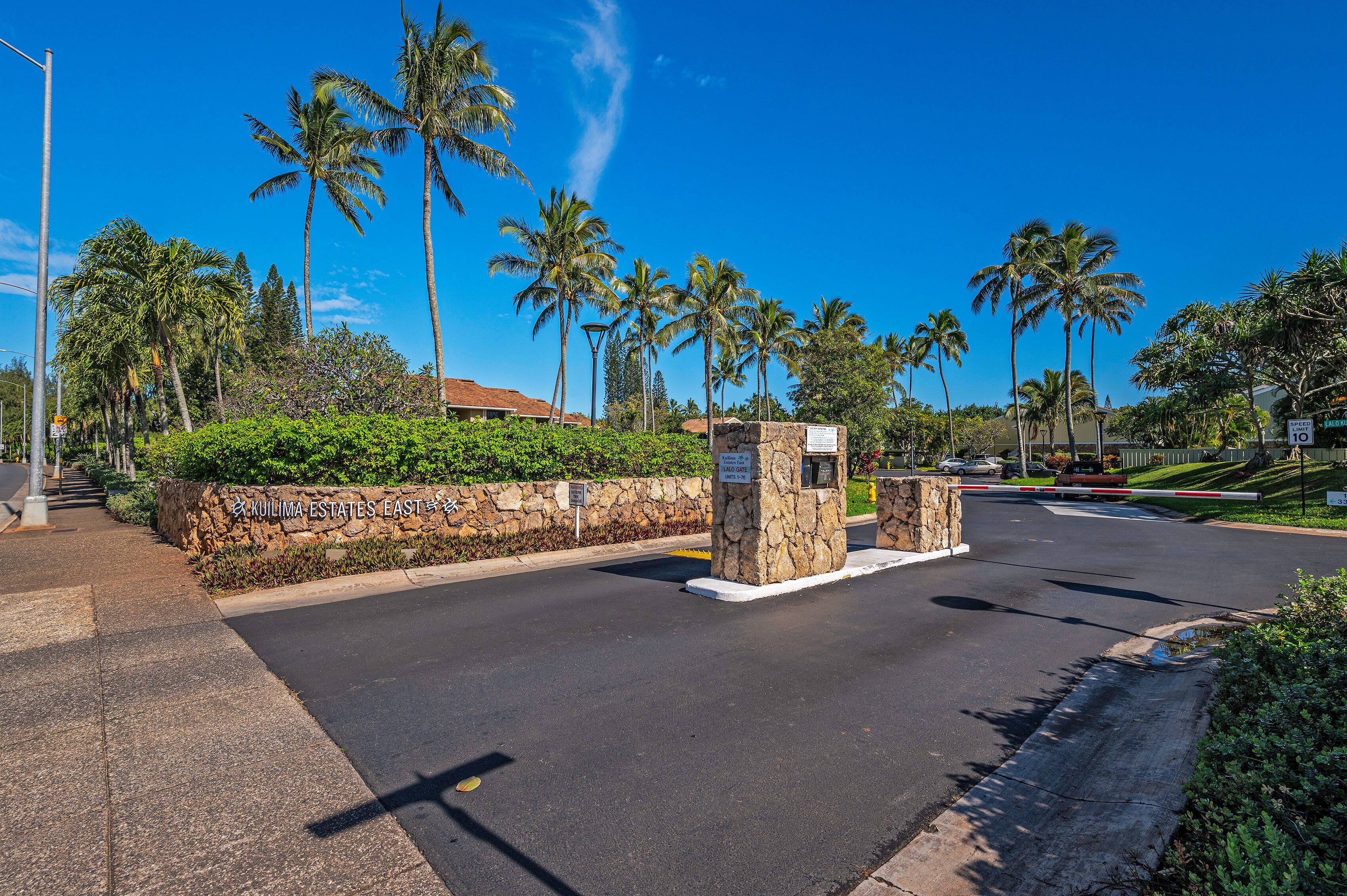 A gated entrance with a stone wall, palm trees, and a clear blue sky.