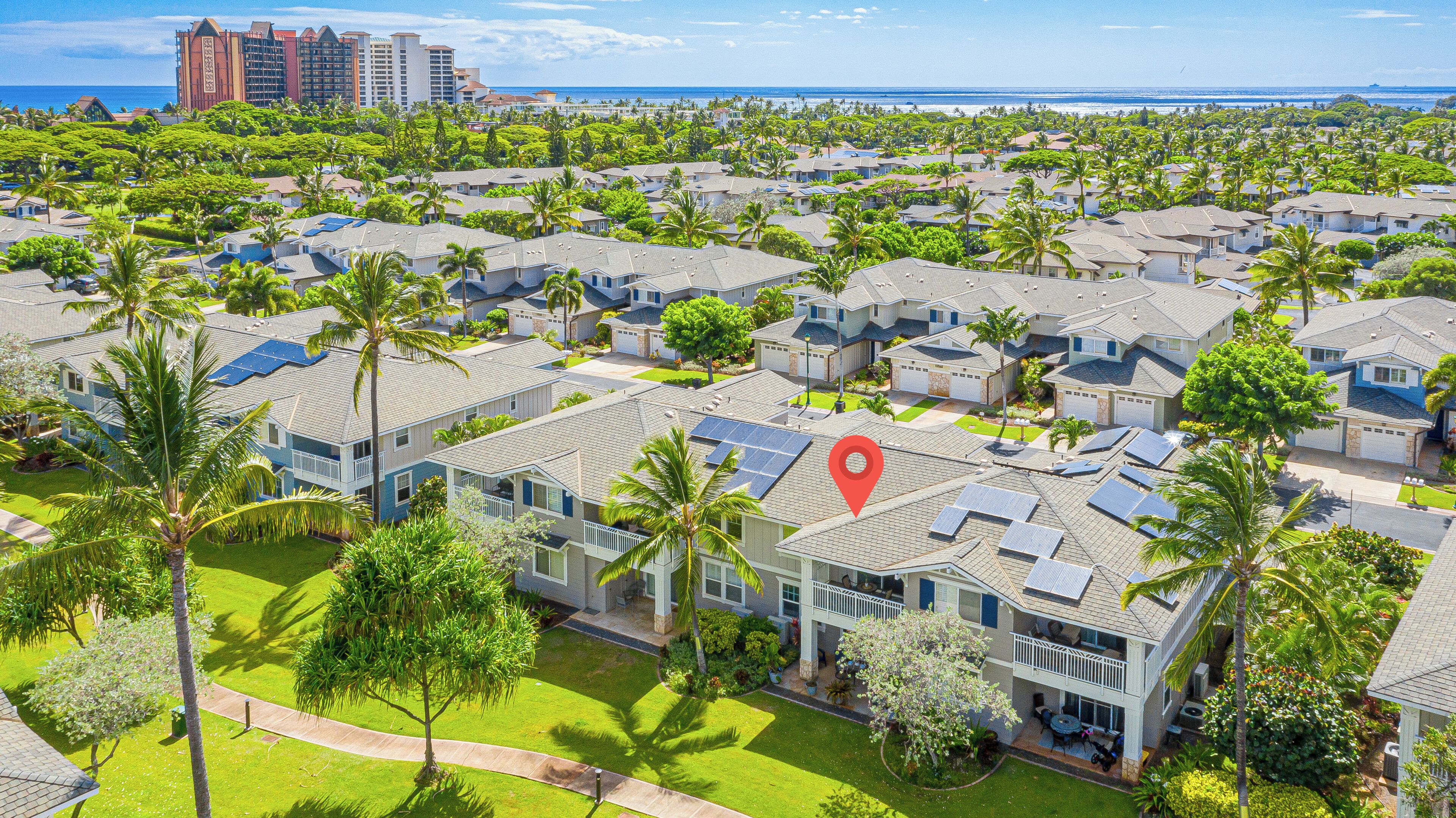 A residential area with multiple houses, some with solar panels, surrounded by palm trees and a view of the ocean.