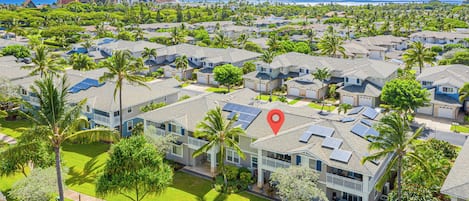 A residential area with multiple houses, some with solar panels, surrounded by palm trees and a view of the ocean.
