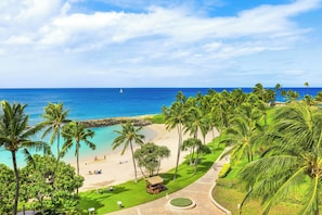 Un complexe hôtelier de style tropical situé sur une plage de sable fin, offrant une vue dégagée sur l’océan et bordé de palmiers.