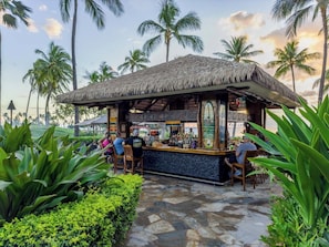 A thatched-roof bar with a stone-tiled floor, surrounded by lush greenery and palm trees.