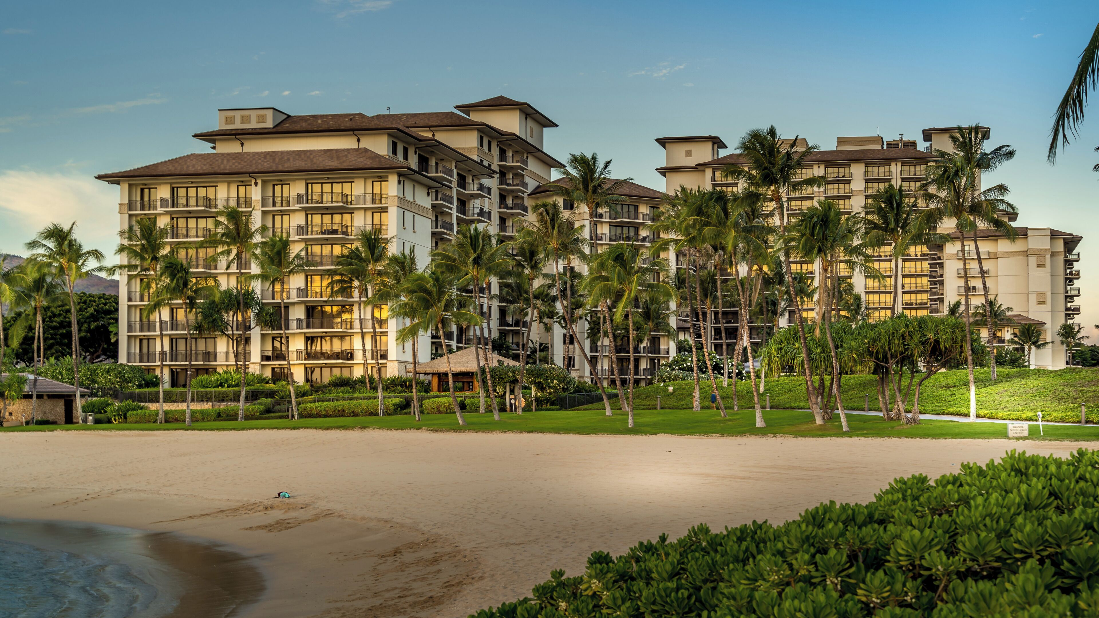 A beachfront hotel with multiple floors, balconies, and palm trees.
