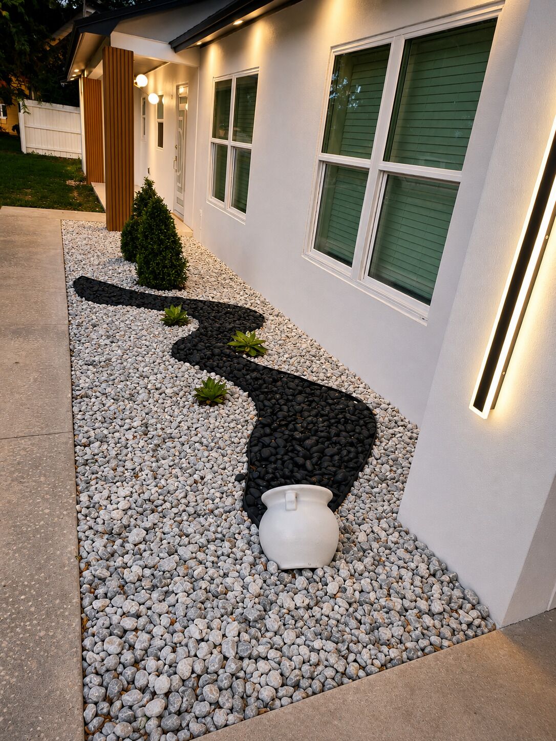 Un bâtiment moderne avec un chemin menant à l’entrée, entouré de petits galets blancs et agrémenté d’un motif en gravier noir.