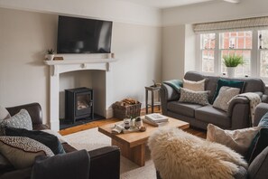 Een woonkamer met een open haard, een bank, een salontafel en een televisie.