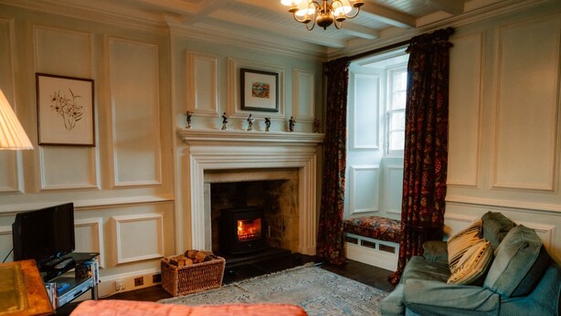 A room with a fireplace, a sofa, a television, and a framed picture on the wall.