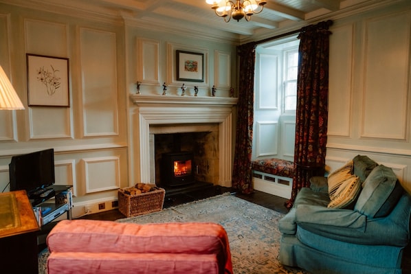 A room with a fireplace, a sofa, a television, and a framed picture on the wall.