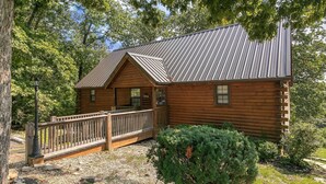 Une cabane en rondins avec un toit en métal, une terrasse en bois et un petit jardin.