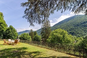 A grassy outdoor area with a metal fence, a table with chairs, and a view of a forested mountain. - Chateau des Pyrenees (Bagnères-de-Luchon)