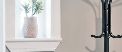 A window with a potted plant and a black coat rack.