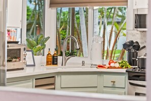Eine moderne Küche mit Einbauofen, Spüle aus Edelstahl und einem Fenster mit Blick auf Palmen.