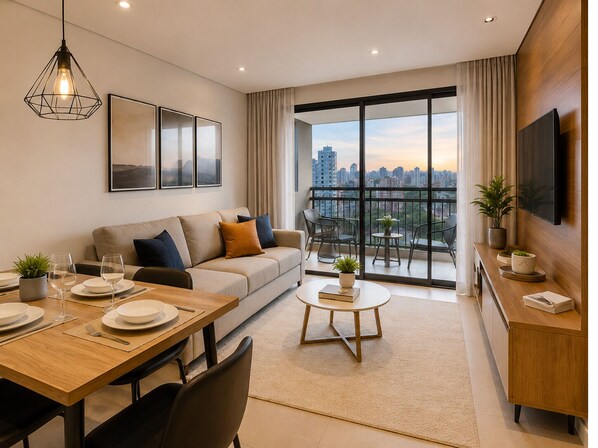 Living area - Fully equipped apartment with balcony, pool, and gym. (Barueri)