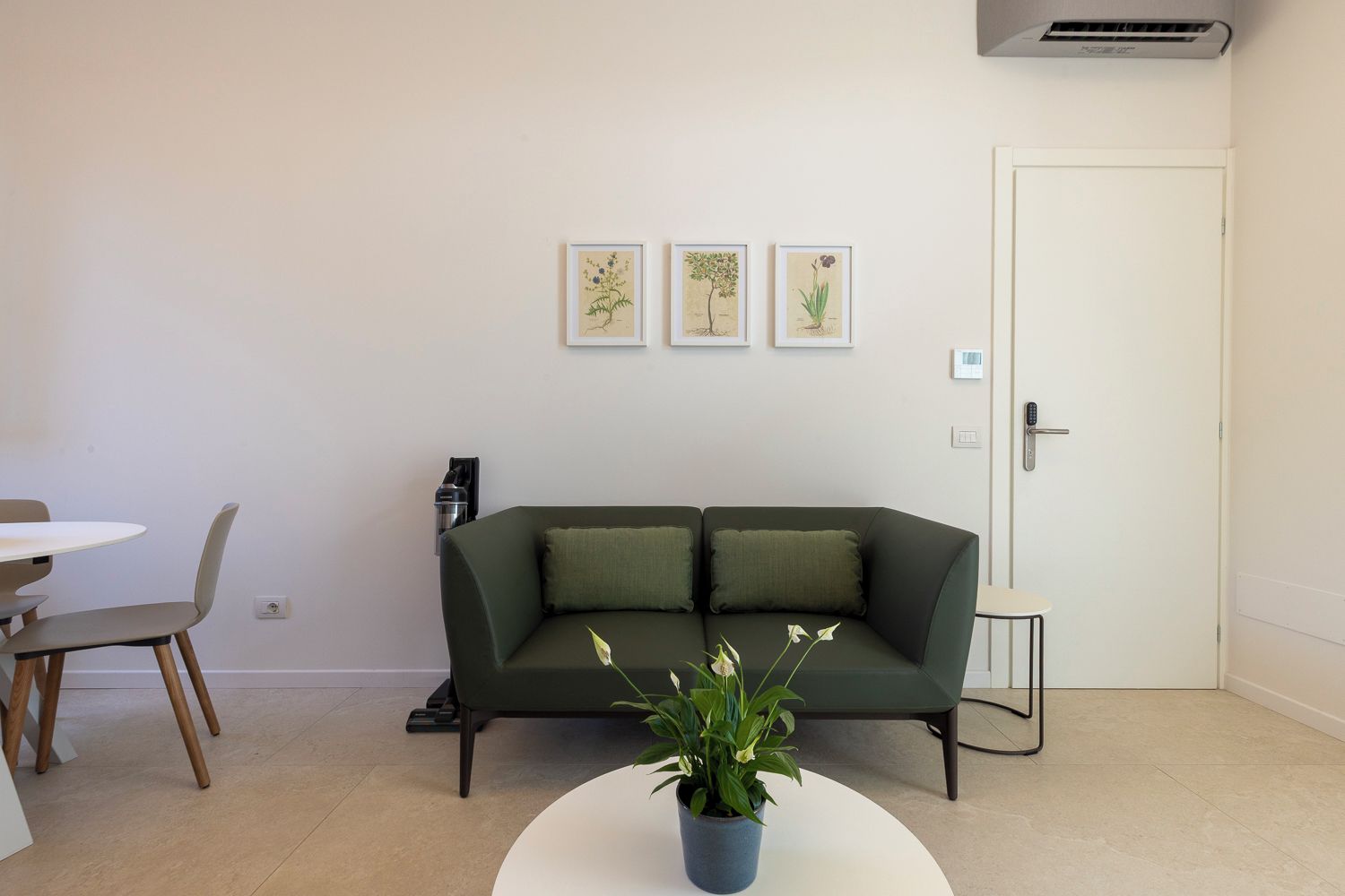 A modern living room with a green sofa, a round coffee table with a plant, a white door, and three framed botanical illustrations on the wall.