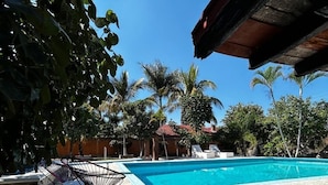 Una piscina con borde de baldosas, rodeada de palmeras y un cielo azul despejado.