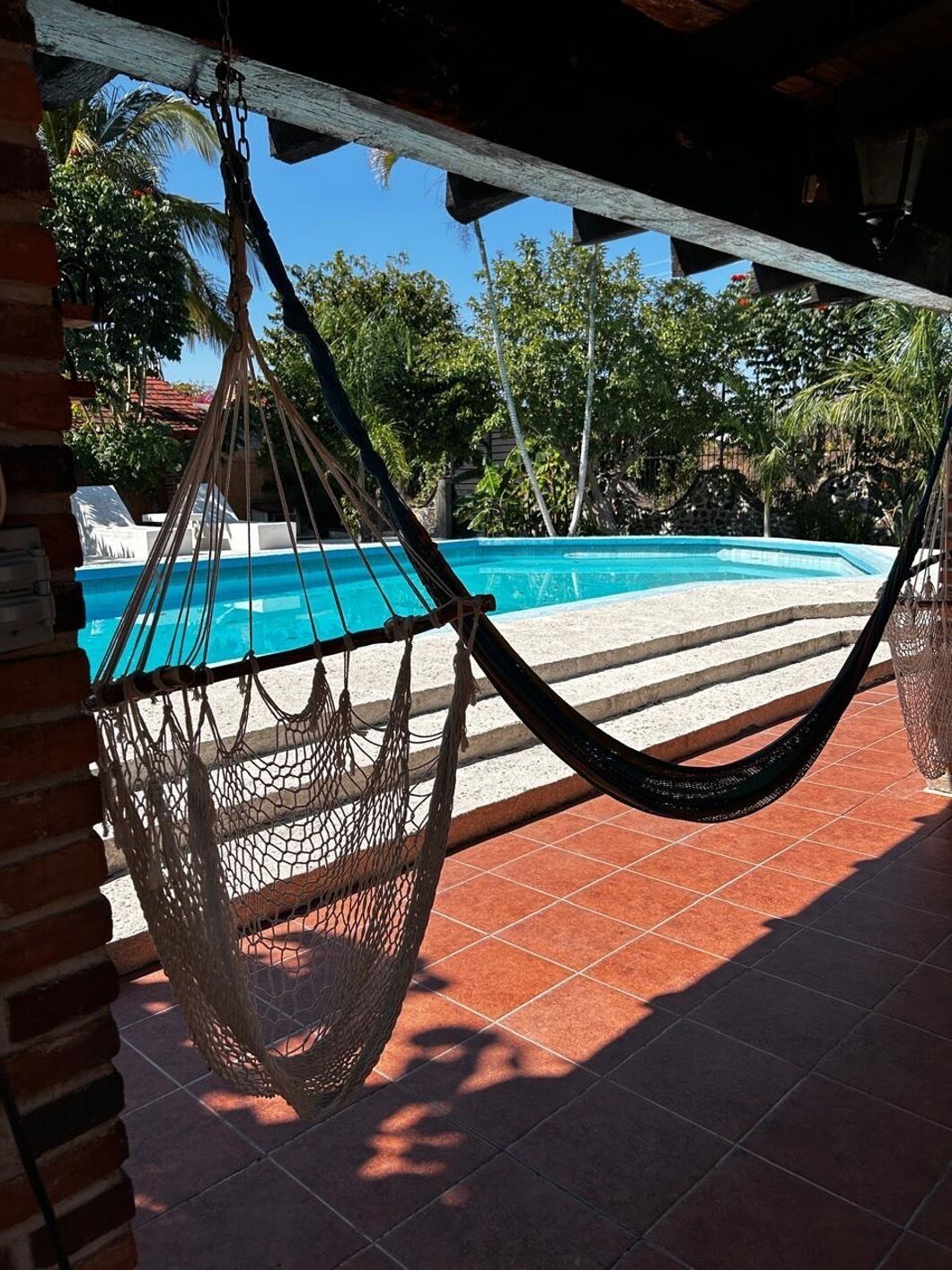A hammock hanging over a swimming pool with a view of the pool and surrounding greenery.