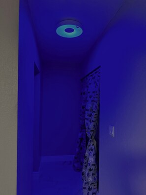 A narrow hallway with a blue-lit ceiling and a shower curtain with a pattern. - 4BR Home • Private Pool • Themed rooms • Sleeps 14 (Spring Hill)