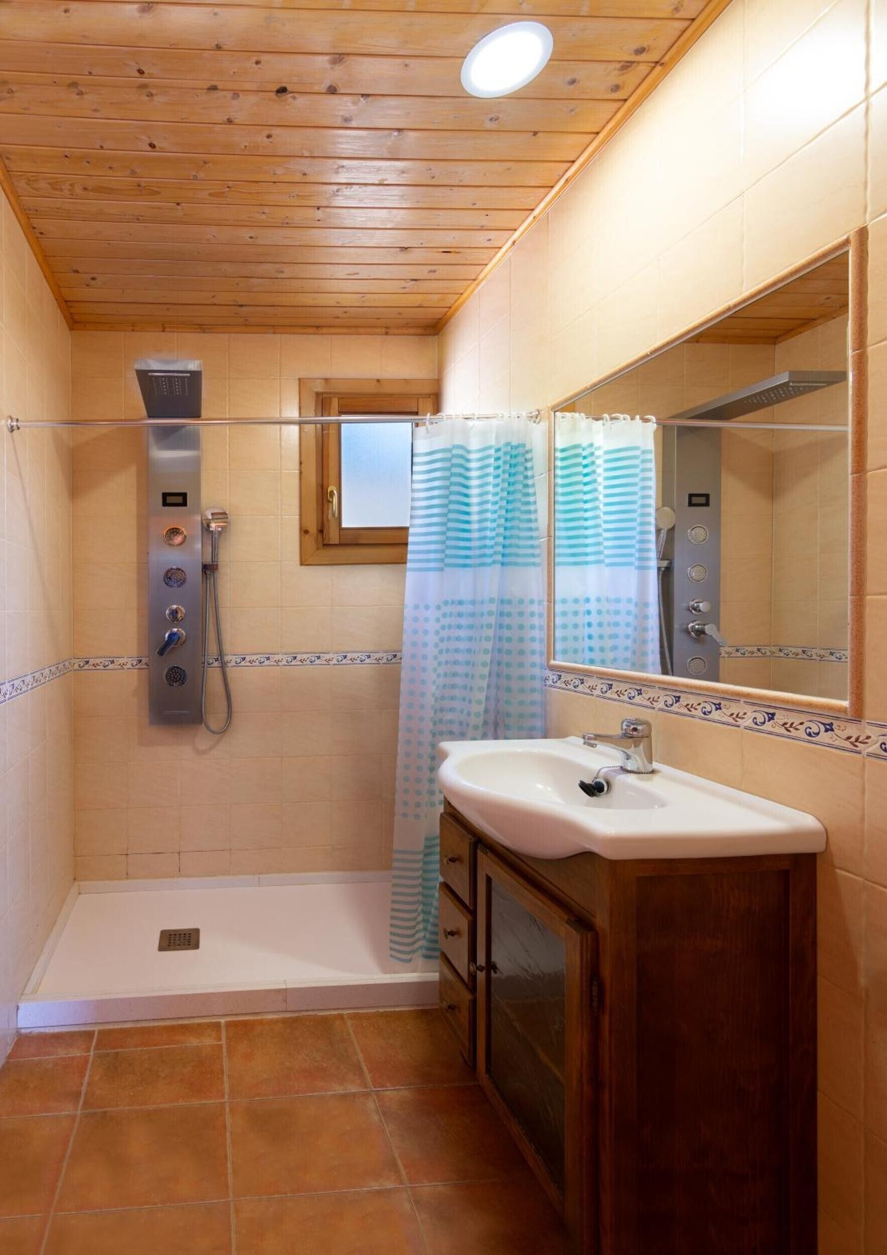 Ein Badezimmer mit Dusche, Waschbecken und Spiegel.
