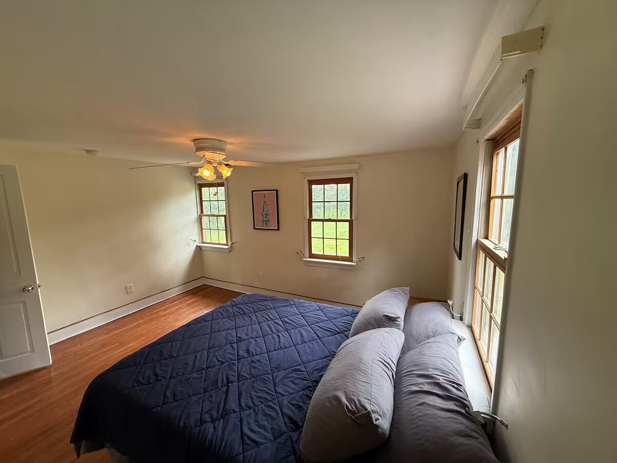 A bedroom with a bed, two windows, a ceiling fan, and a door.