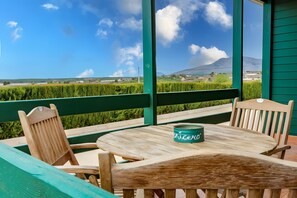 A wooden table with a green can on it, surrounded by wooden chairs, set on a balcony with a view of a green field and a mountain in the distance. - Apartment 'Las Canales' with Mountain View, Wi-Fi and Air Conditioning (Las Canales)