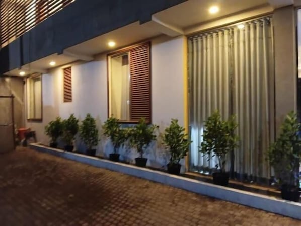 A building facade with multiple windows, some with shutters, and a series of potted plants along the ground level.