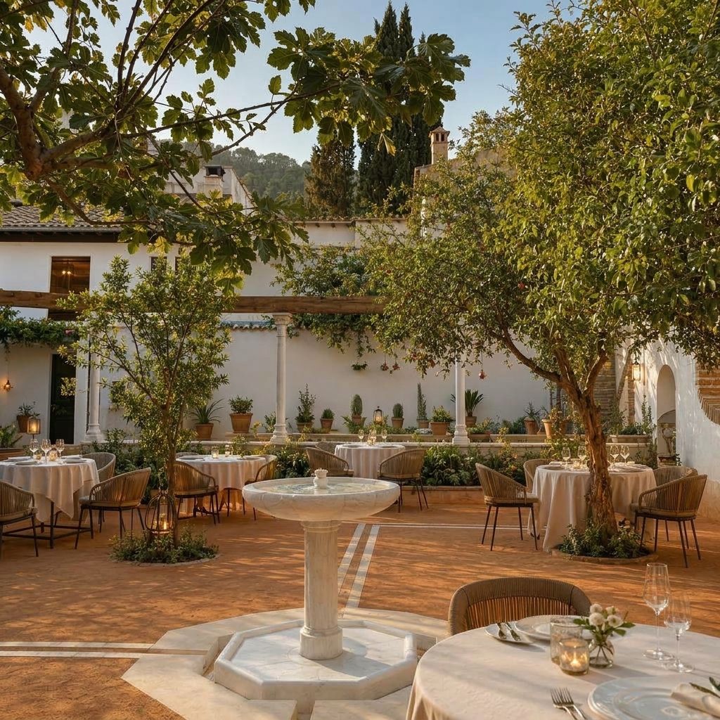 An outdoor dining area with round tables, chairs, and a central fountain.