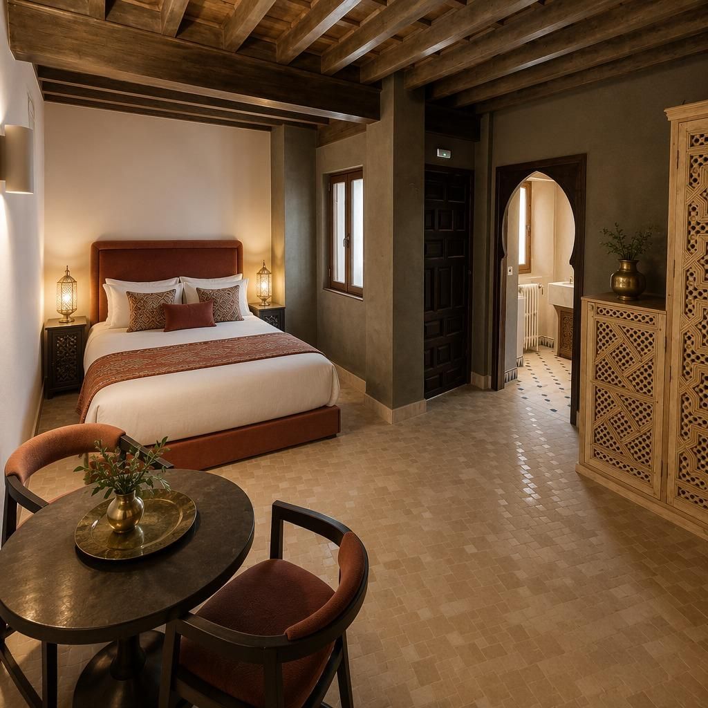 Habitación de hotel con una cama grande, techo de madera, mesa de comedor con sillas y un mueble decorativo.