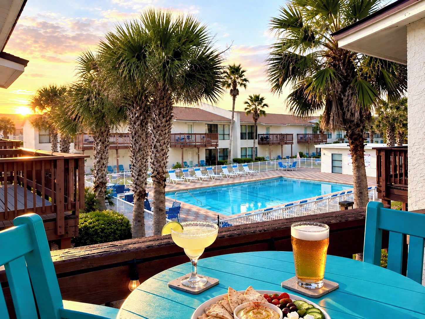 Une vue sur la piscine, avec une table, des chaises et une boisson.