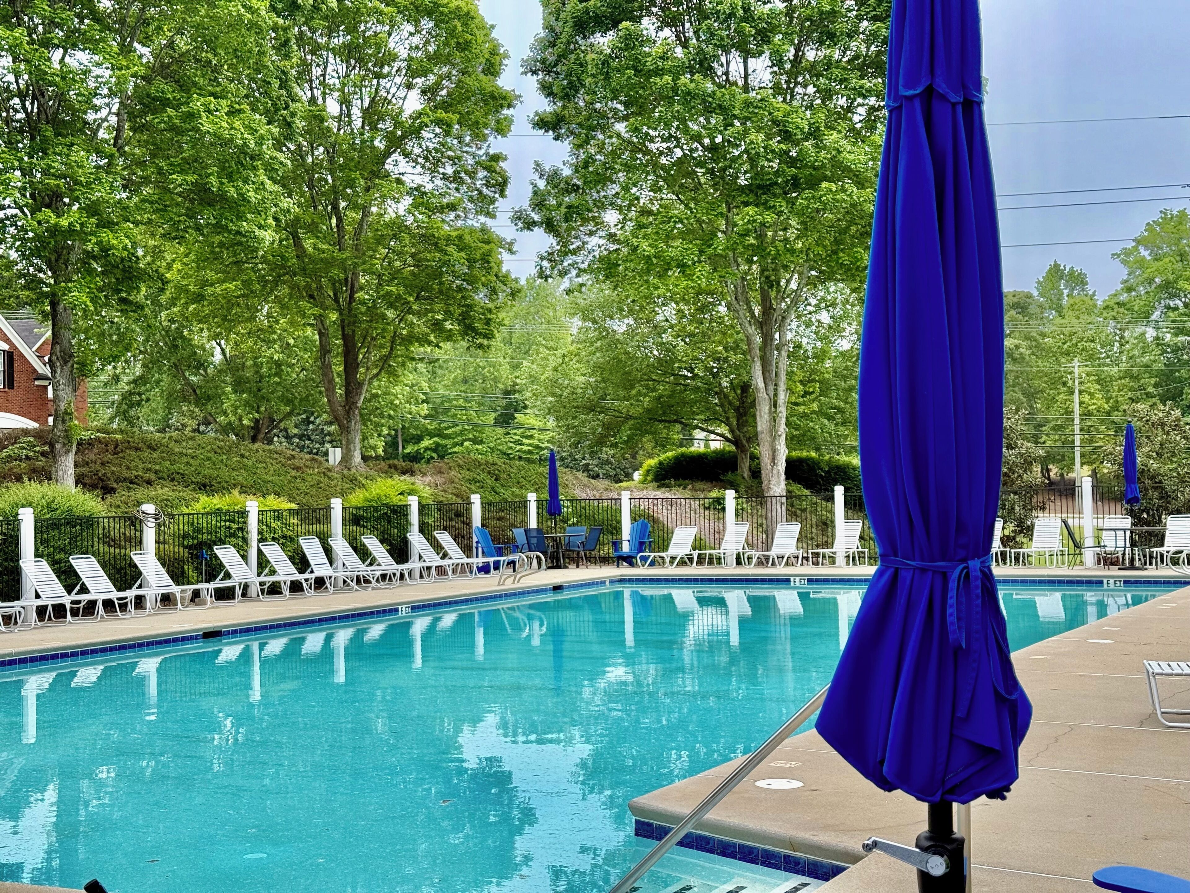 Une piscine entourée d’arbres et d’une clôture, avec des chaises longues et des parasols.