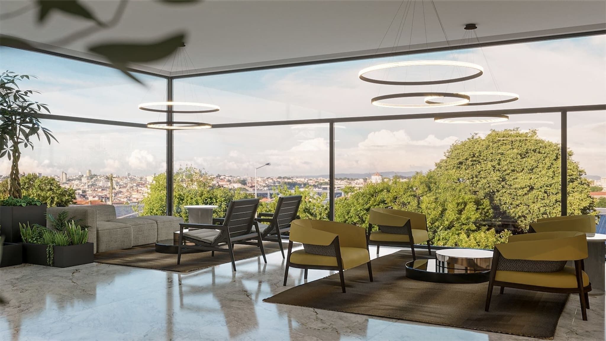 A modern lounge with a city view, featuring a mix of seating options and a large window.
