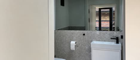 A modern bathroom with a skylight, a toilet, and a sink with a mirror.