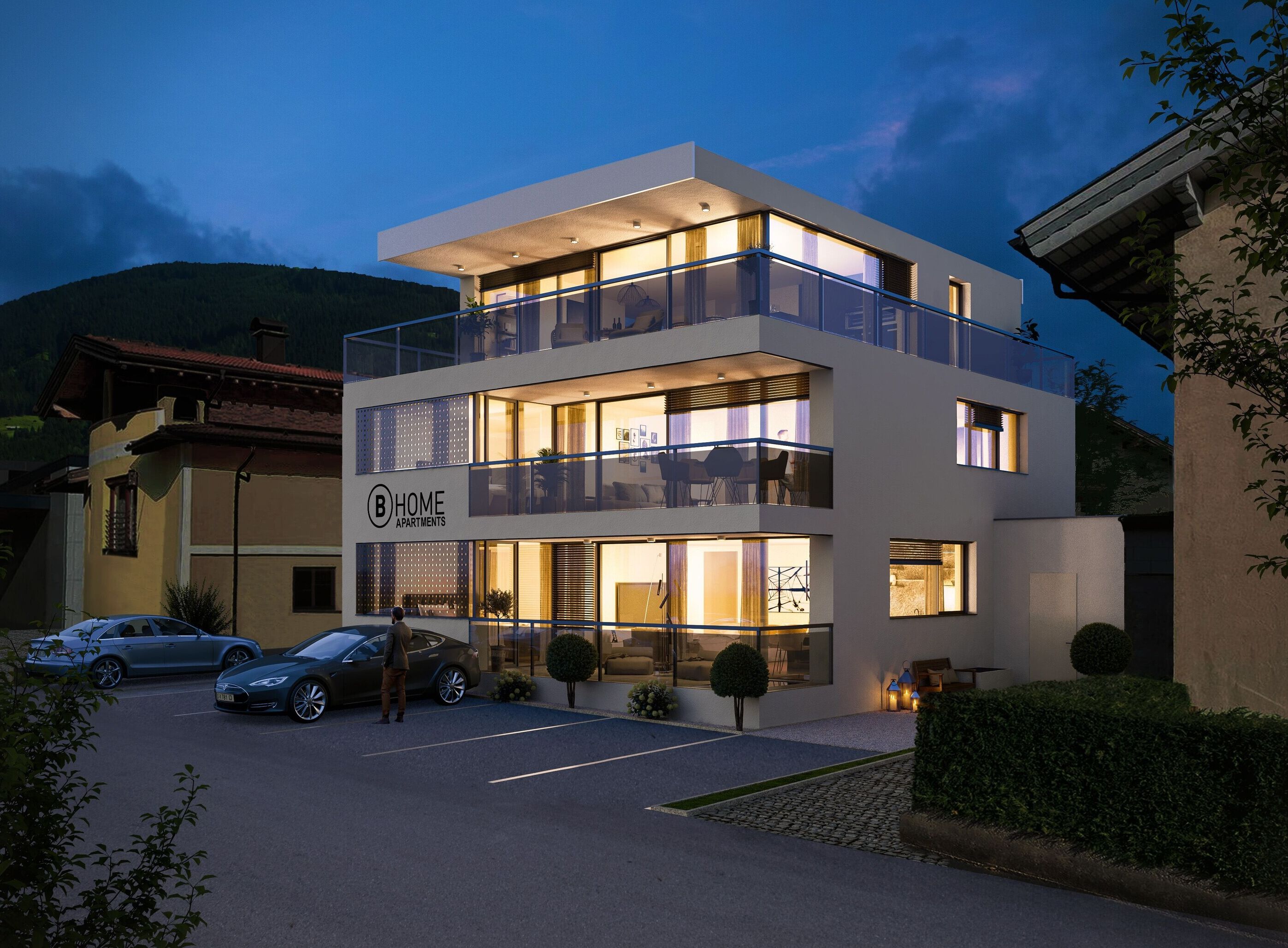 A modern multi-story apartment building with a sign 'B HOME APARTMENTS' on the facade.