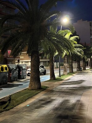 A nighttime street scene with palm trees, parked cars, and trash bins along the sidewalk. - Beach Apartment 100m from the Sea - A/C, Garage &Terrace (San Pedro del Pinatar)