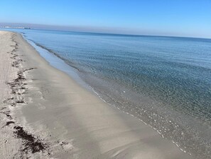 Una playa con agua cristalina y una orilla arenosa.