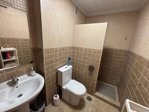 Un baño con lavamanos, inodoro y zona de ducha.