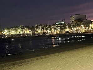 Eine Uferpromenade mit Gebäuden, Palmen und einem sich spiegelnden Gewässer.