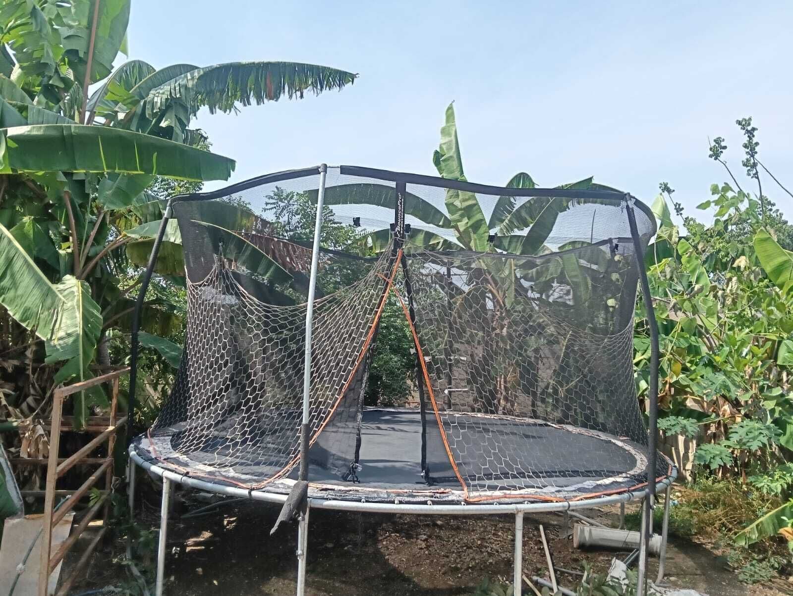 Un trampolín con red de seguridad en un espacio exterior con vegetación.