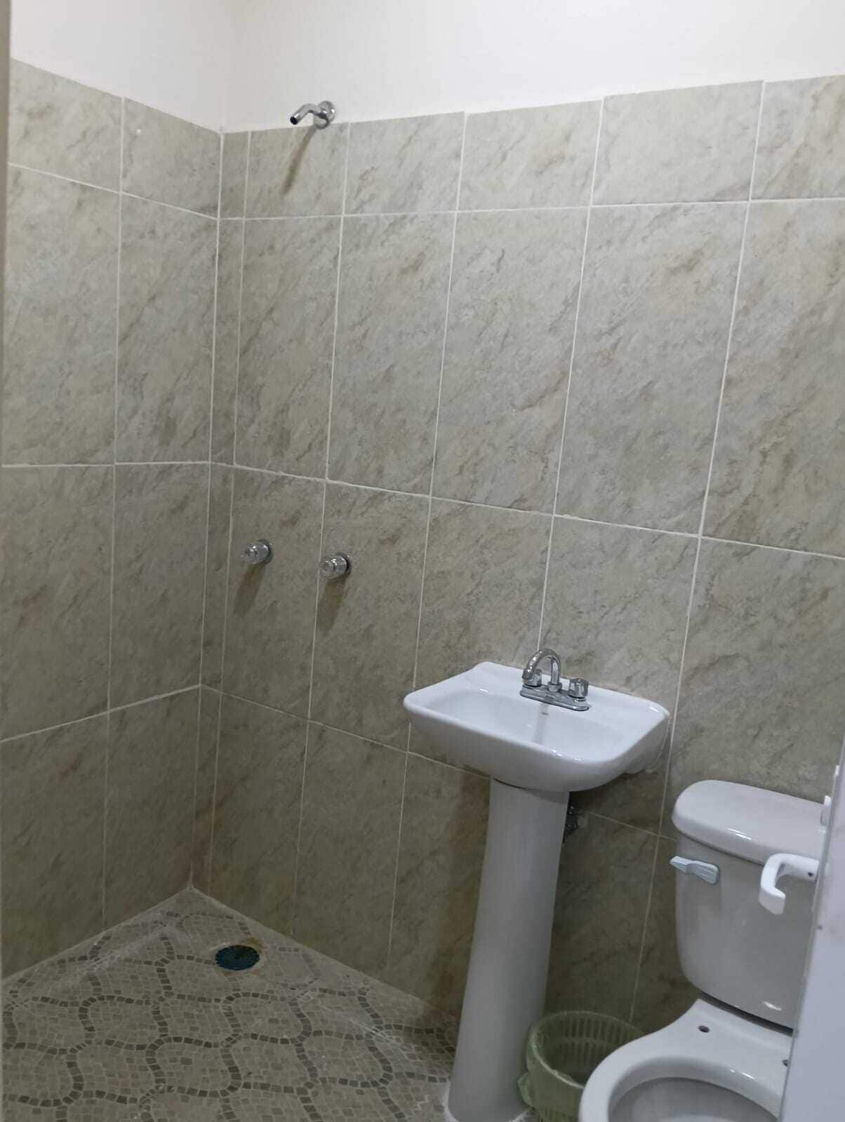Een badkamer met een douche, wastafel en toilet.