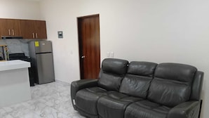 Una sala de estar con un sofá, una zona de cocina con armarios y electrodomésticos, y una puerta.