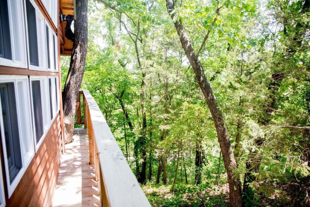 Une terrasse en bois offrant une vue sur une zone boisée.