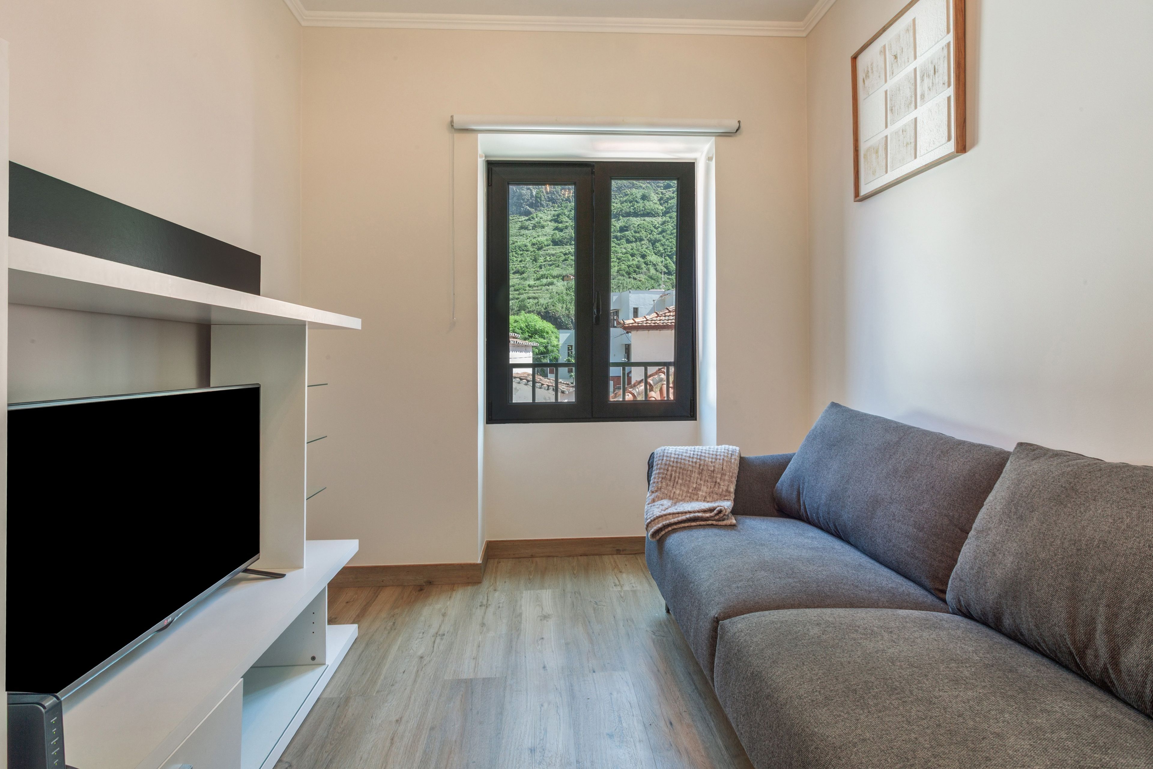 A modern living room with a flat-screen TV, a grey sofa, and a window with a view of greenery.