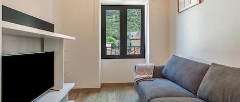 A modern living room with a flat-screen TV, a grey sofa, and a window with a view of greenery.
