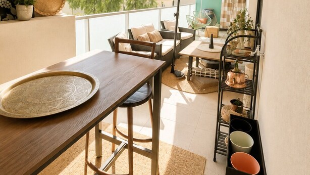 Ein Balkon mit einem Holztisch, Stühlen, einem Metallregal mit Töpfen und einem orangefarbenen Sonnenschirm.
