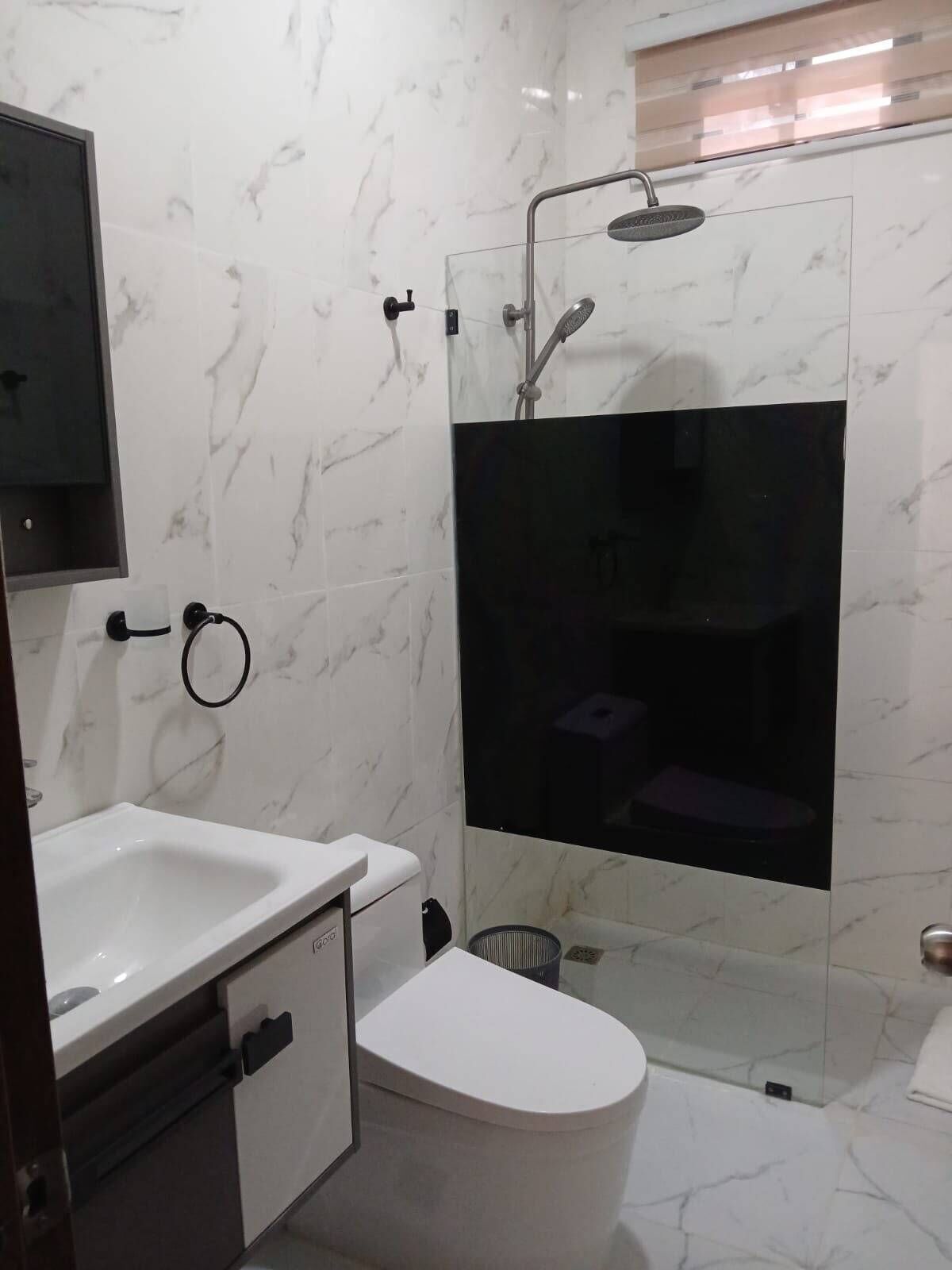 Un baño con inodoro, lavabo y zona de ducha.