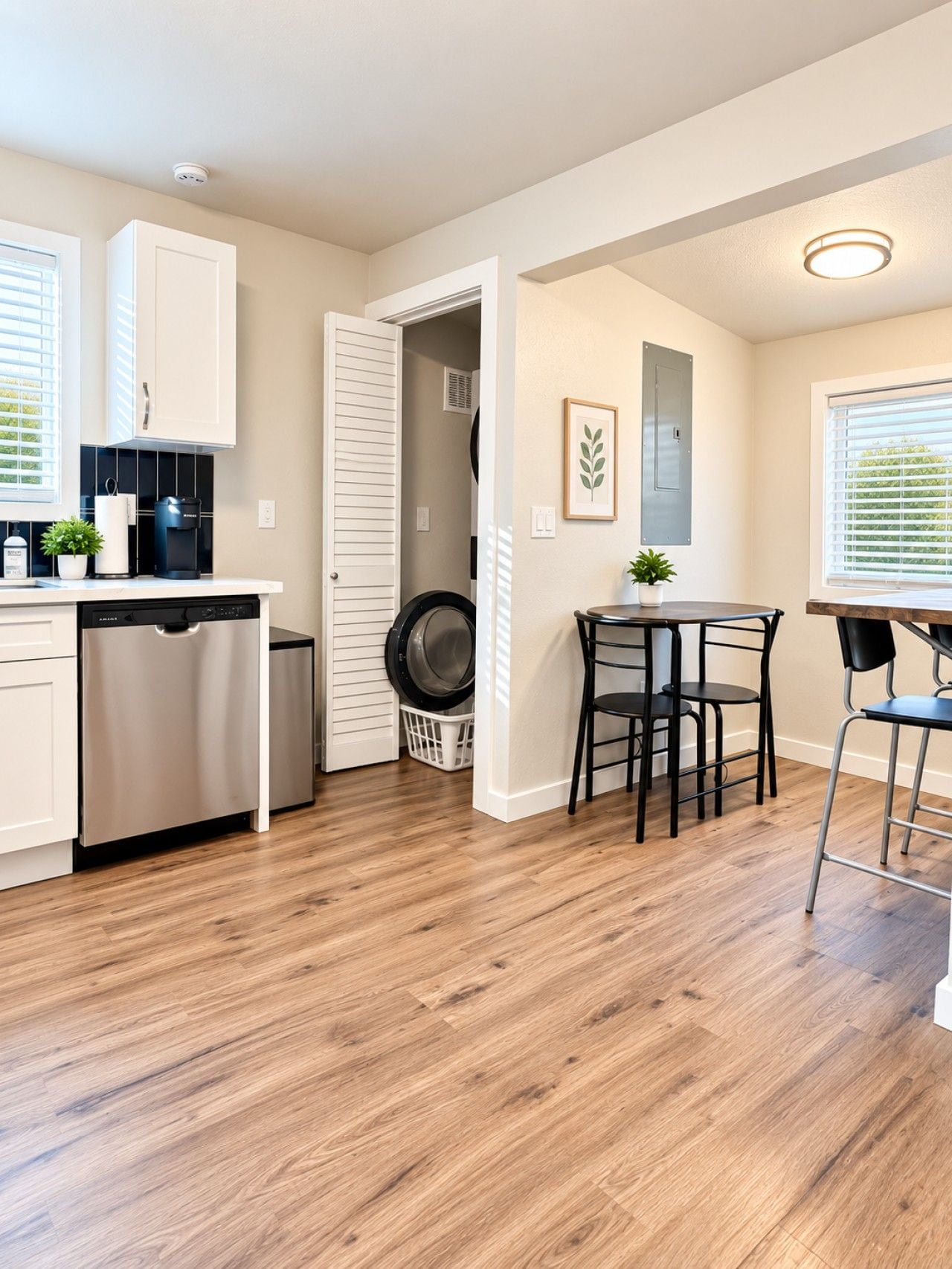 A modern kitchen with a dishwasher, a coffee maker, and a washing machine.