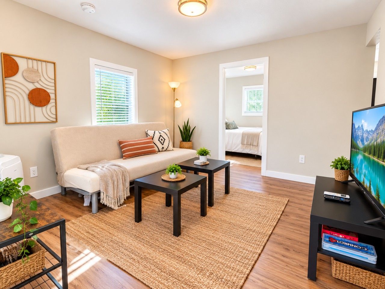 A living room with a sofa, two coffee tables, a television, and a fireplace.