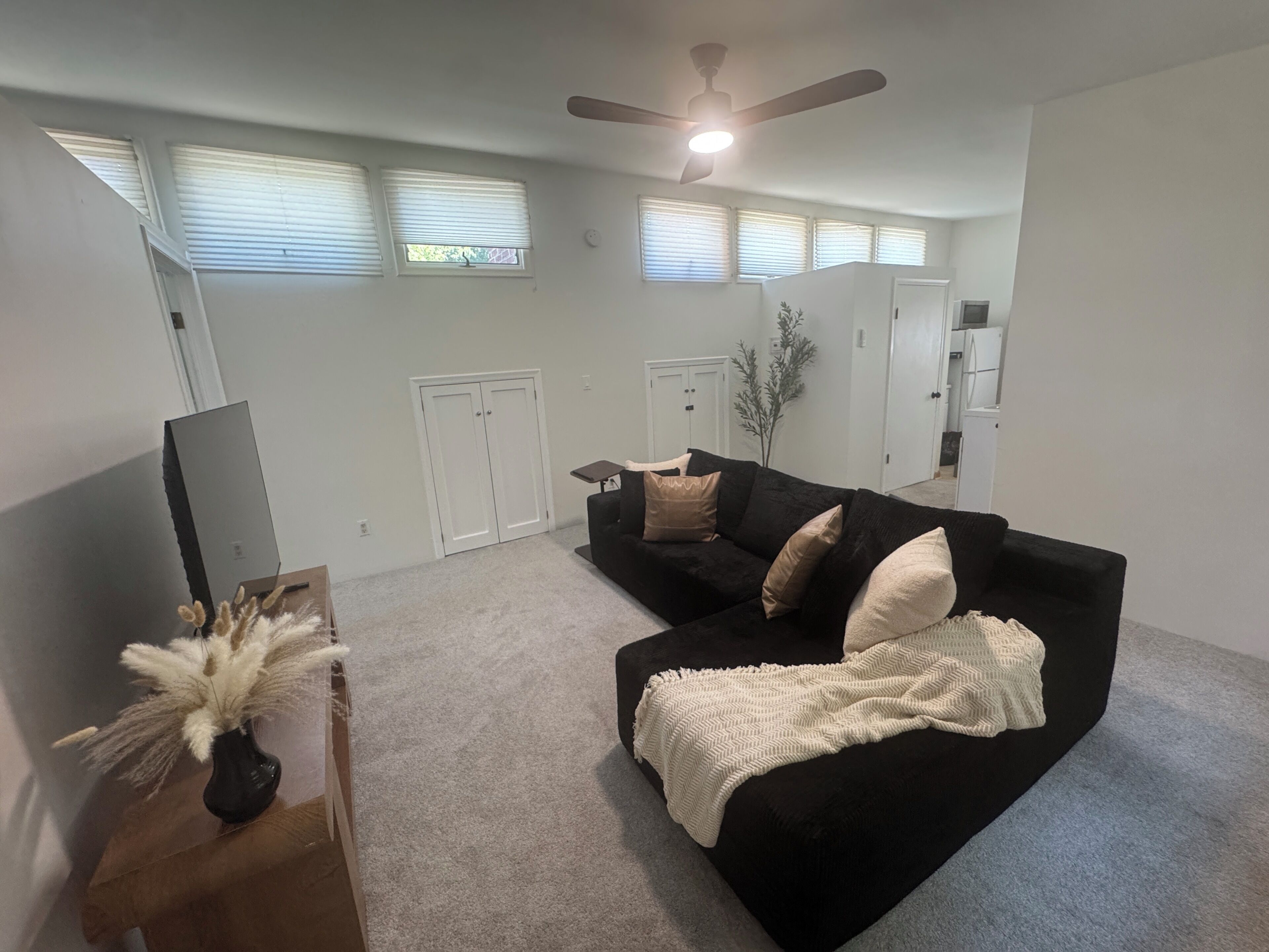 Un salon avec un canapé noir, un téléviseur à écran plat et un ventilateur de plafond.